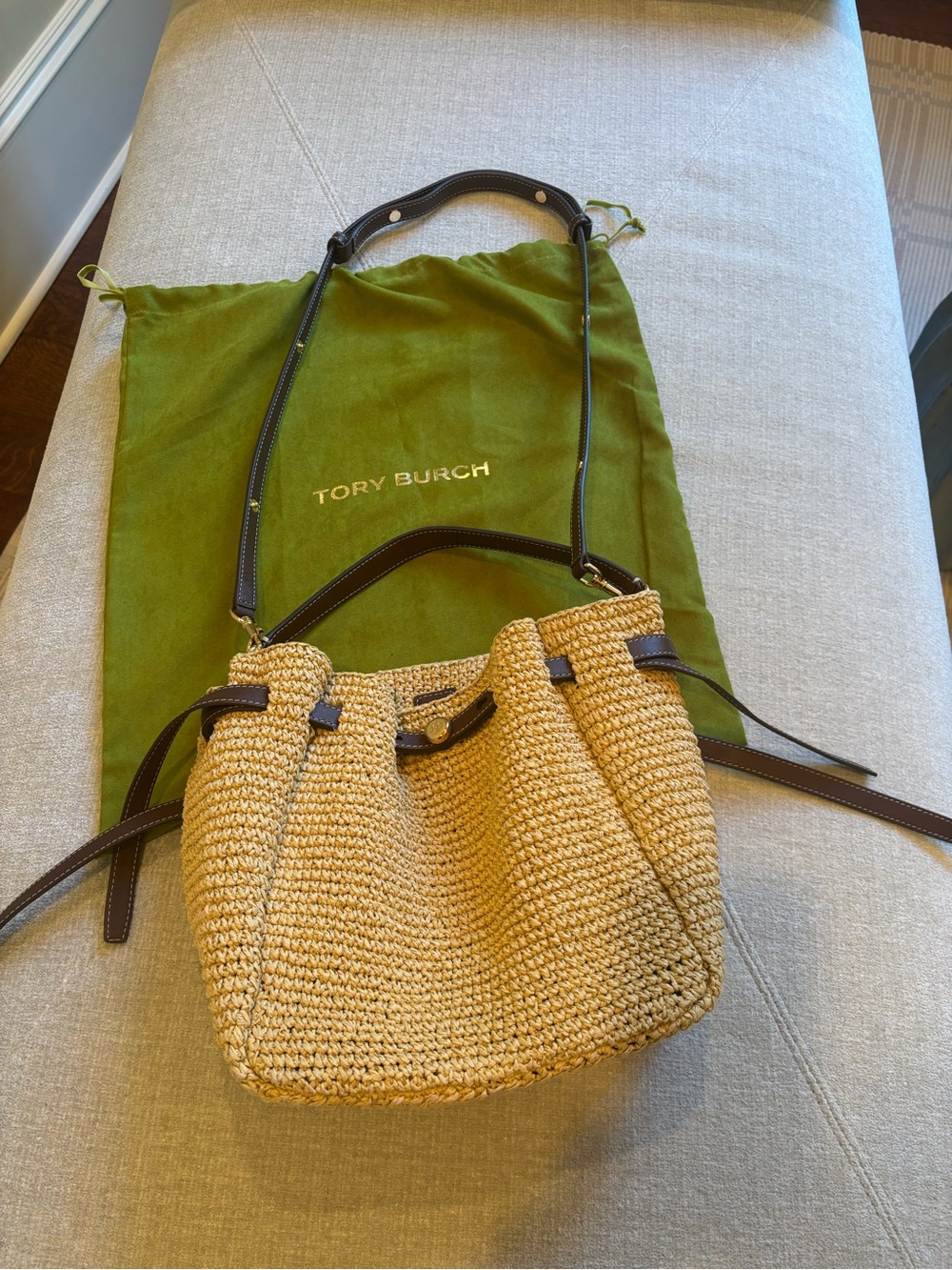 Tory Burch Straw Drawstring Shoulder Bag with Dark Brown Trim